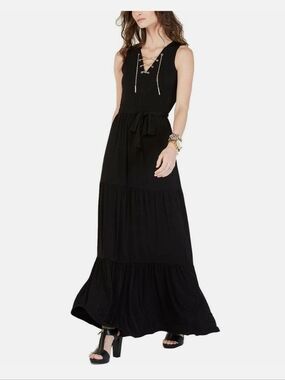 MICHAEL KORS Black Chain Lace-Up V-Neck Matte Jersey Tiered Maxi Dress